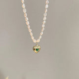 Baroque Pearl Heart Pendant Necklace with Green Crystal 14K Filled