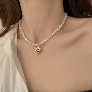 Baroque Pearl Heart Pendant Necklace with Green Crystal 14K Filled