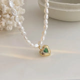 Baroque Pearl Heart Pendant Necklace with Green Crystal 14K Filled