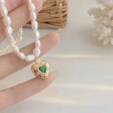 Baroque Pearl Heart Pendant Necklace with Green Crystal 14K Filled