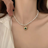 Baroque Pearl Heart Pendant Necklace with Green Crystal 14K Filled