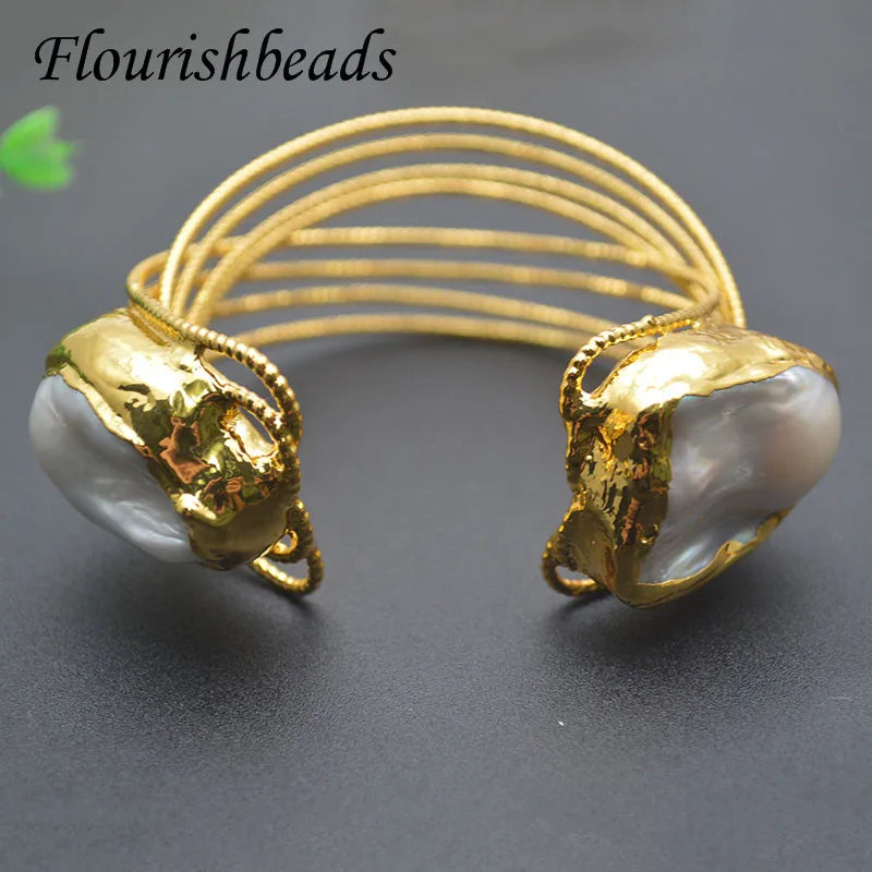 Baroque Pearl Plated Cuff Bracelet Adjustable Bangle Vintage Fine Jewelry