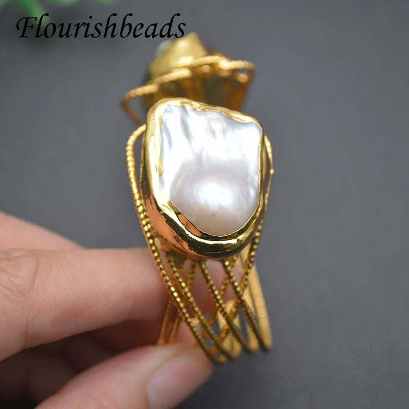 Baroque Pearl Plated Cuff Bracelet Adjustable Bangle Vintage Fine Jewelry