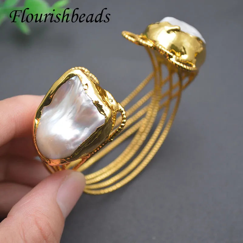 Baroque Pearl Plated Cuff Bracelet Adjustable Bangle Vintage Fine Jewelry