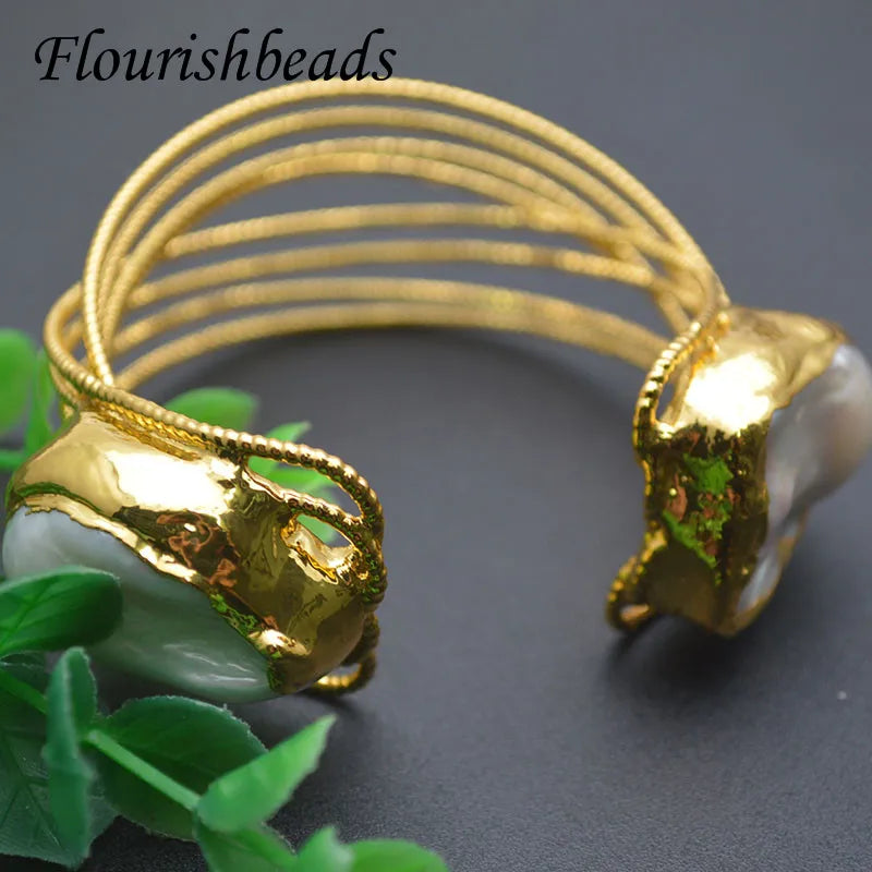 Baroque Pearl Plated Cuff Bracelet Adjustable Bangle Vintage Fine Jewelry