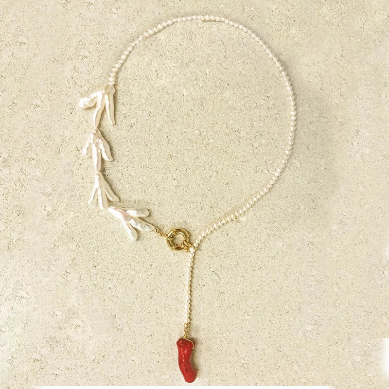 Baroque Pearl Necklace Red Coral Pendant Bohemian Statement Necklace