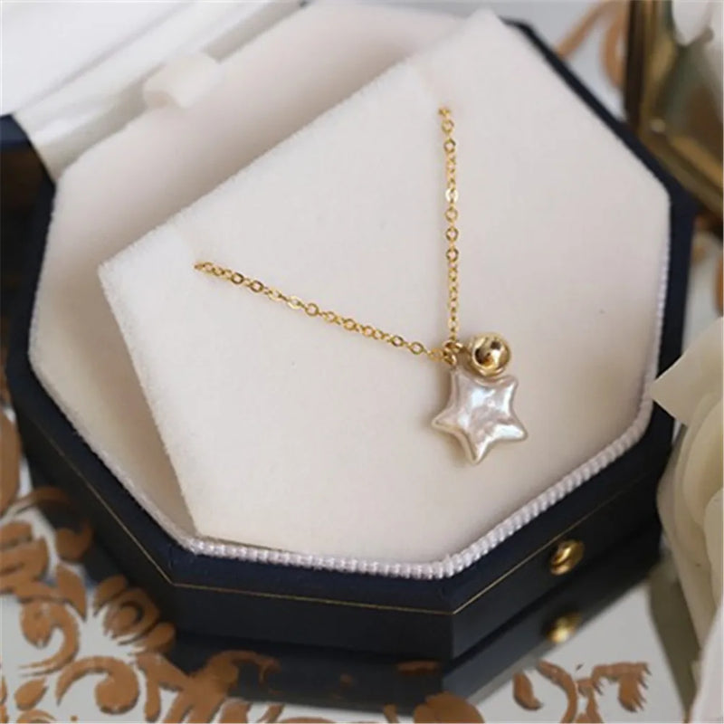 Baroque Pearl Pentagram Charm Necklace Minimalist Clavicle Chain