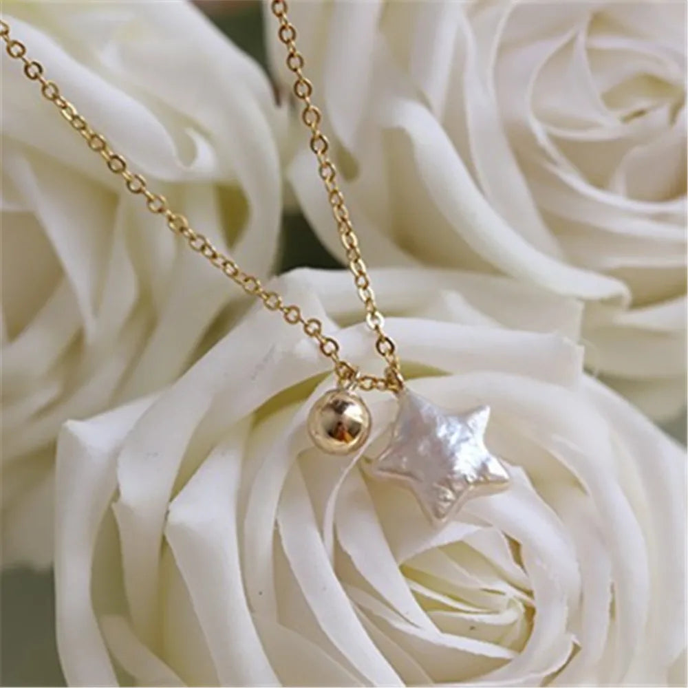 Baroque Pearl Pentagram Charm Necklace Minimalist Clavicle Chain