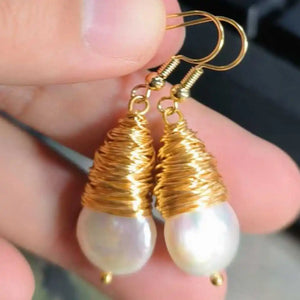 Baroque Coin Pearl Dangle Earrings 14K Freshwater Lucky Jewelry