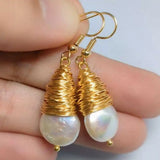 Baroque Coin Pearl Dangle Earrings 14K Freshwater Lucky Jewelry