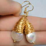 Baroque Coin Pearl Dangle Earrings 14K Freshwater Lucky Jewelry