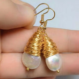 Baroque Coin Pearl Dangle Earrings 14K Freshwater Lucky Jewelry