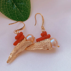 Baroque Pearl Red Coral Earrings 18K Dangle Women