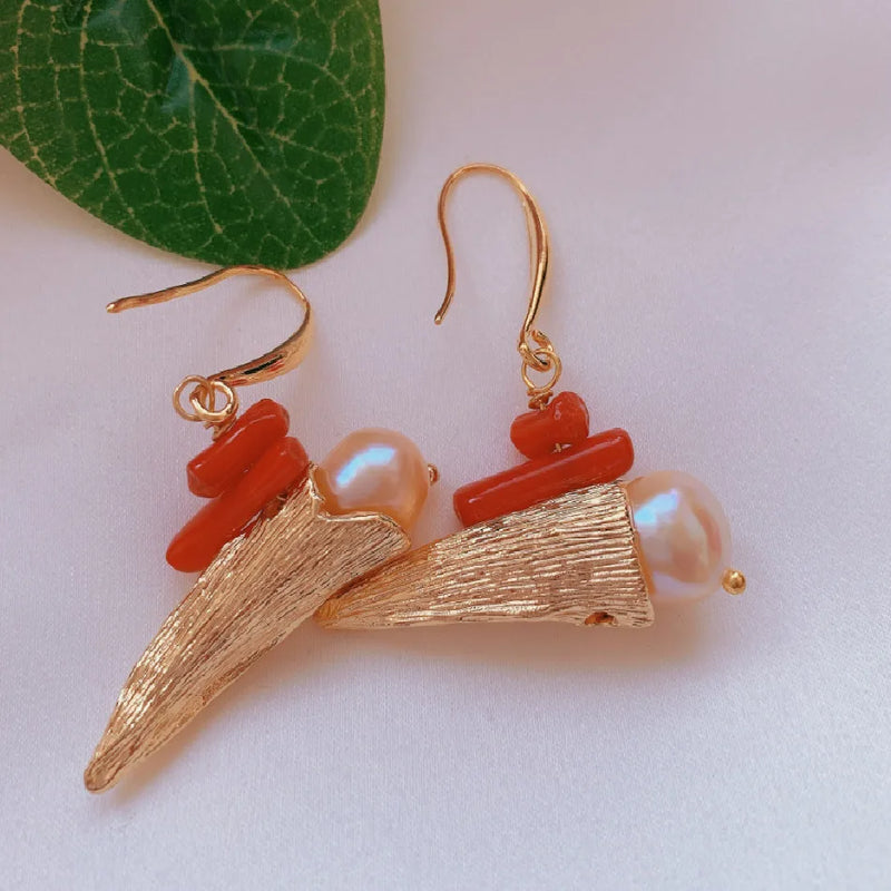 Baroque Pearl Red Coral Earrings 18K Dangle Women