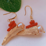 Baroque Pearl Red Coral Earrings 18K Dangle Women