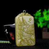 Beige Hand Carved Landscape Jade Pendant Necklace