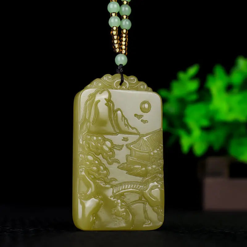 Beige Hand Carved Landscape Jade Pendant Necklace