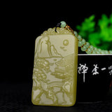 Beige Hand Carved Landscape Jade Pendant Necklace