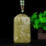Beige Hand Carved Landscape Jade Pendant Necklace
