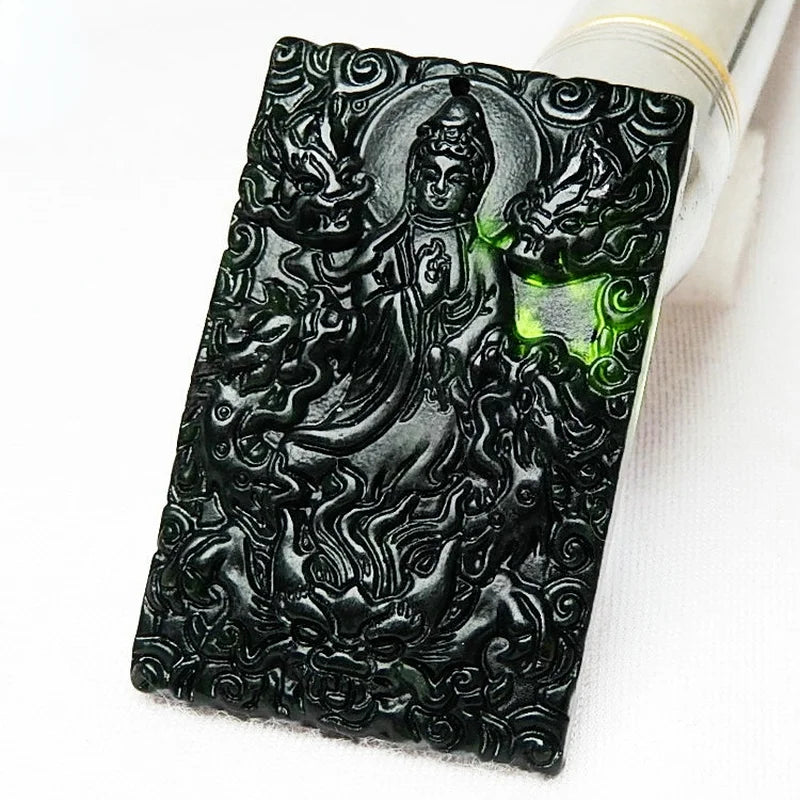 Green Jade Dragon Guanyin Pendant Necklace Double-sided Carved Charm