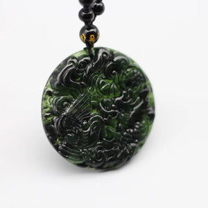 Green Jade Dragon Phoenix Pendant Necklace Chinese Carved Charm Jewelry