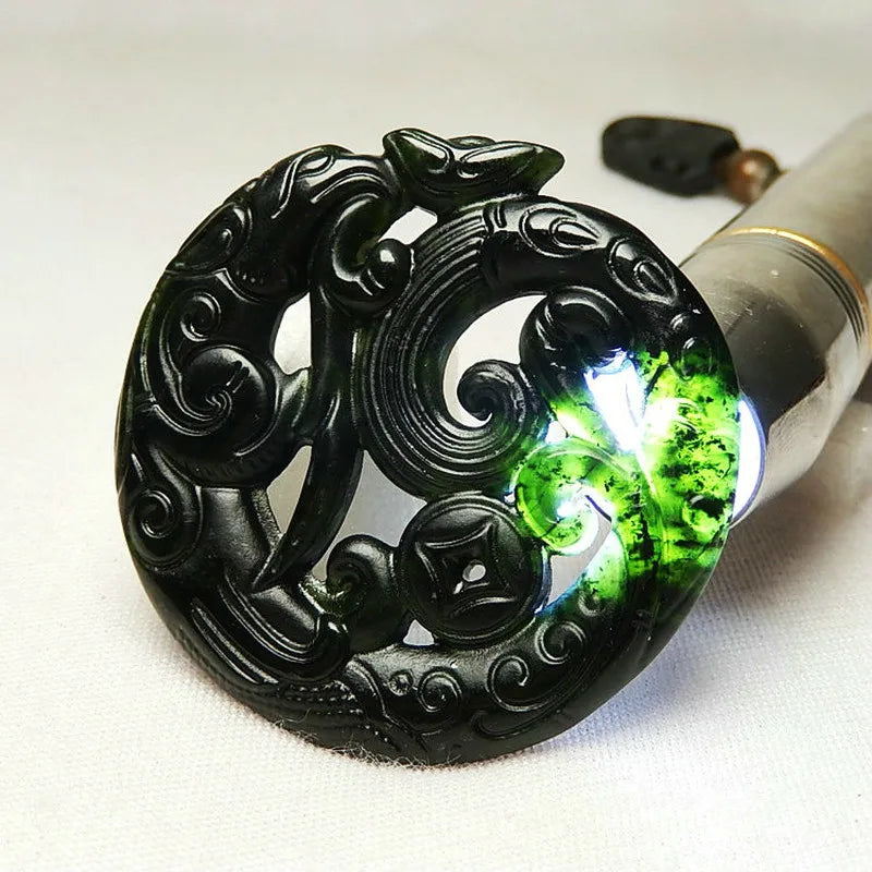 Green Jade Phoenix Pendant Necklace Hollow Out Carved Charm Jewelry