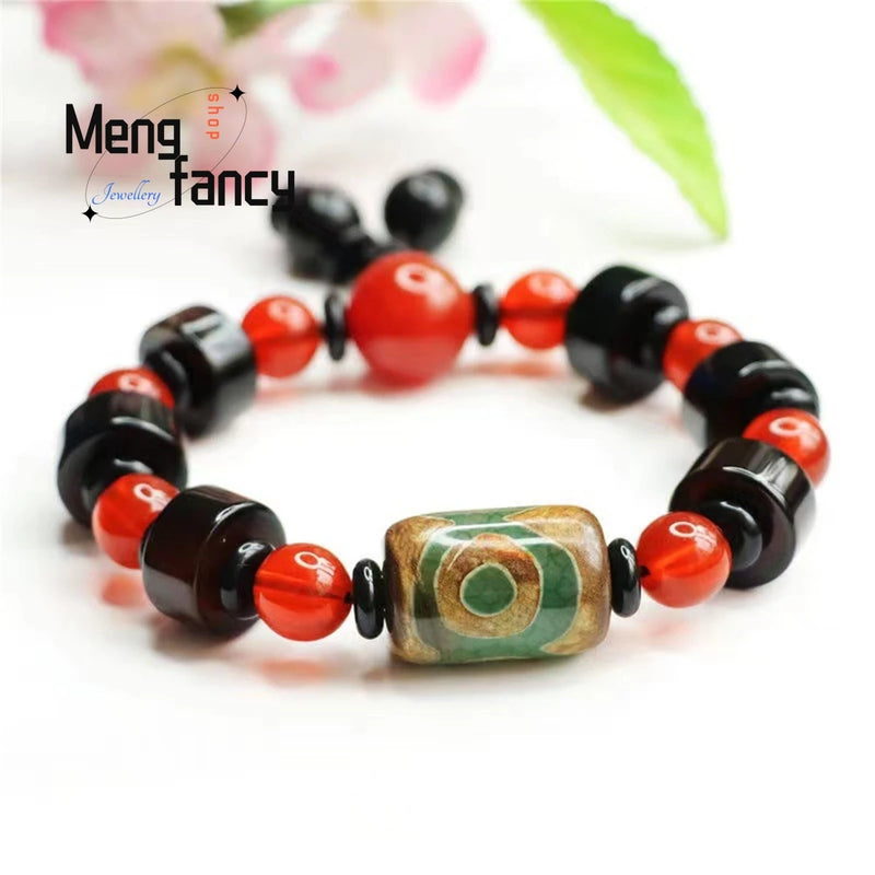 Red Agate Three-eye Beads Bracelet Vintage Style Men Women Gift