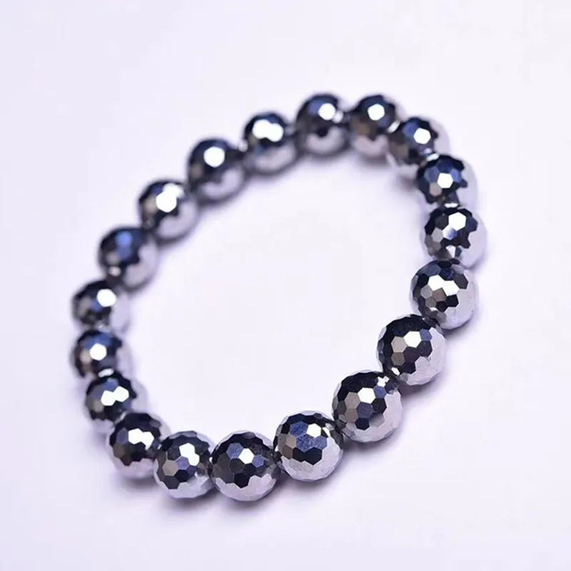Natural Shine Terahertz 128faceted Round Beads Stone Bracelet