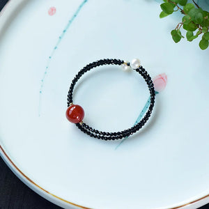 Spinel Agate Pearl Beads Bracelet Double Circle Bangle Gem Jewelry