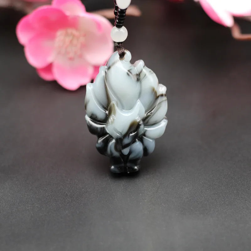 Natural Jade Nine-Tailed Fox Pendant Necklace Beads Chinese Hand-Carved Charm