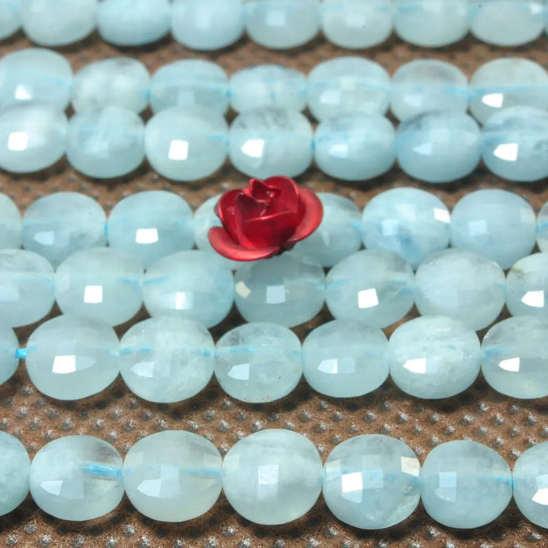 Natural Aquamarine Faceted Coin Loose Beads Semi Precious Stone
