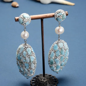 Larimar Pearl Stud Earrings with Rhinestone Pave for Women