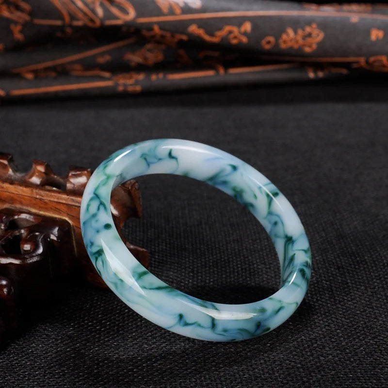 Jade Wide Strip Bracelet Sky Floating Flower Jewelry