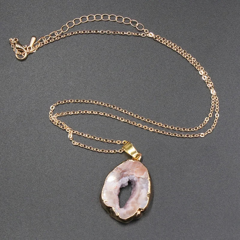 Natural Brazil Agate Geode Slice Pendant Crystal Stone Druzy Necklace