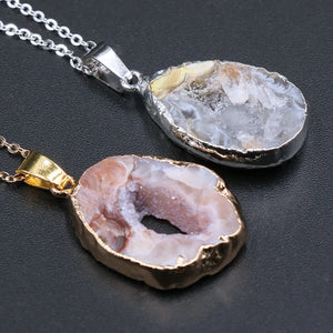 Natural Brazil Agate Geode Slice Pendant Crystal Stone Druzy Necklace