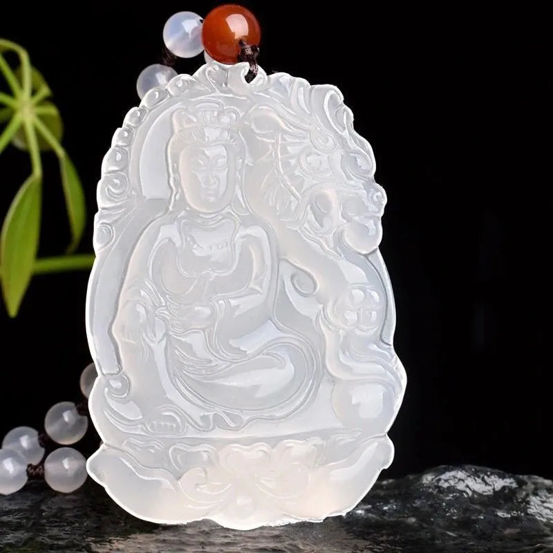 Brazilian High Ice Jade Pith Dragon Guanyin Pendant