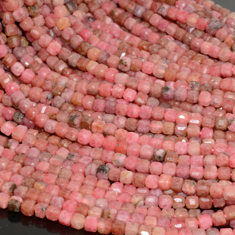 Brazilian Rhodonite Edge Faceted Cube Beads 4mm-4.2mm