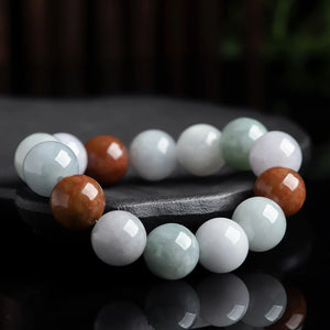 Natural Burma Jade 13mm Tricolor Hand String Ice Jadeite Beads Bracelet