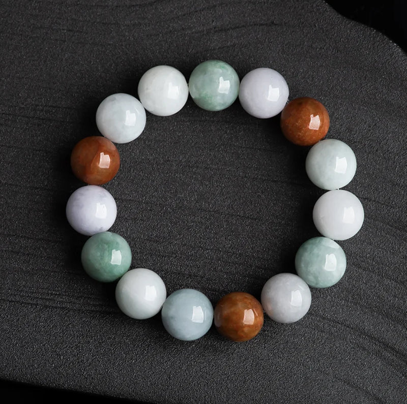 Natural Burma Jade 13mm Tricolor Hand String Ice Jadeite Beads Bracelet