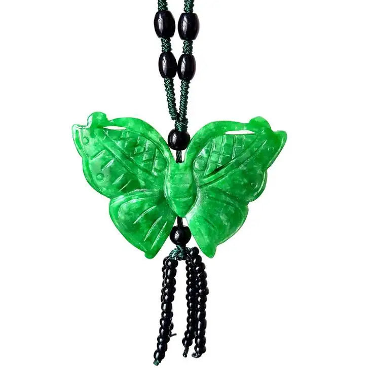 Natural Burma Jade Emerald Butterfly Pendant Necklace Sweater Chain
