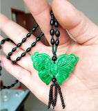 Natural Burma Jade Emerald Butterfly Pendant Necklace Sweater Chain