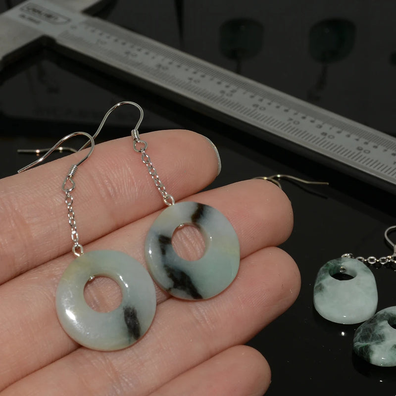 Natural Burma Jadeite Hollow 925 Silver Earring Pendants, 10-18mm