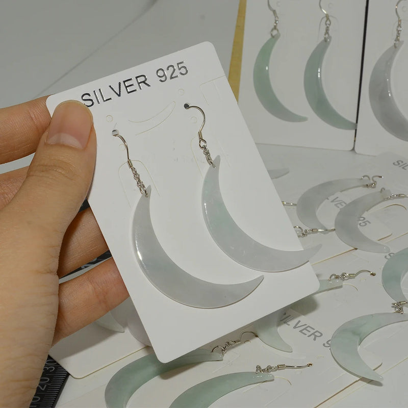 Burma Jade Waxing Crescent Moon Earring Pendants 925 Silver 8-10mmx40mm-45mm