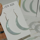Burma Jade Waxing Crescent Moon Earring Pendants 925 Silver 8-10mmx40mm-45mm