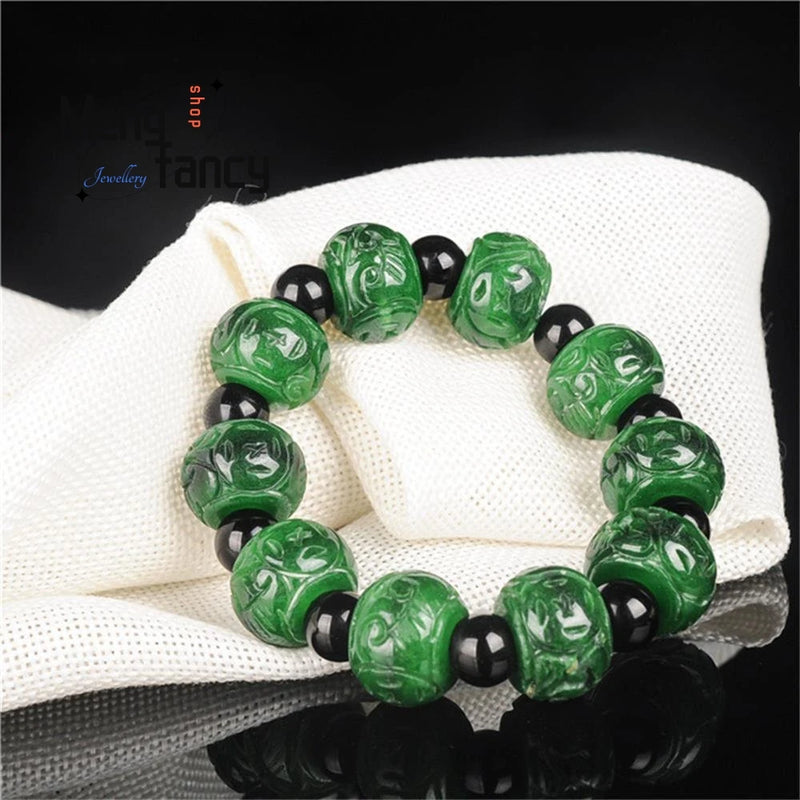 Burma Jadeite Dry Green Carved Bracelet Retro Charms Emerald Fine Jewelry