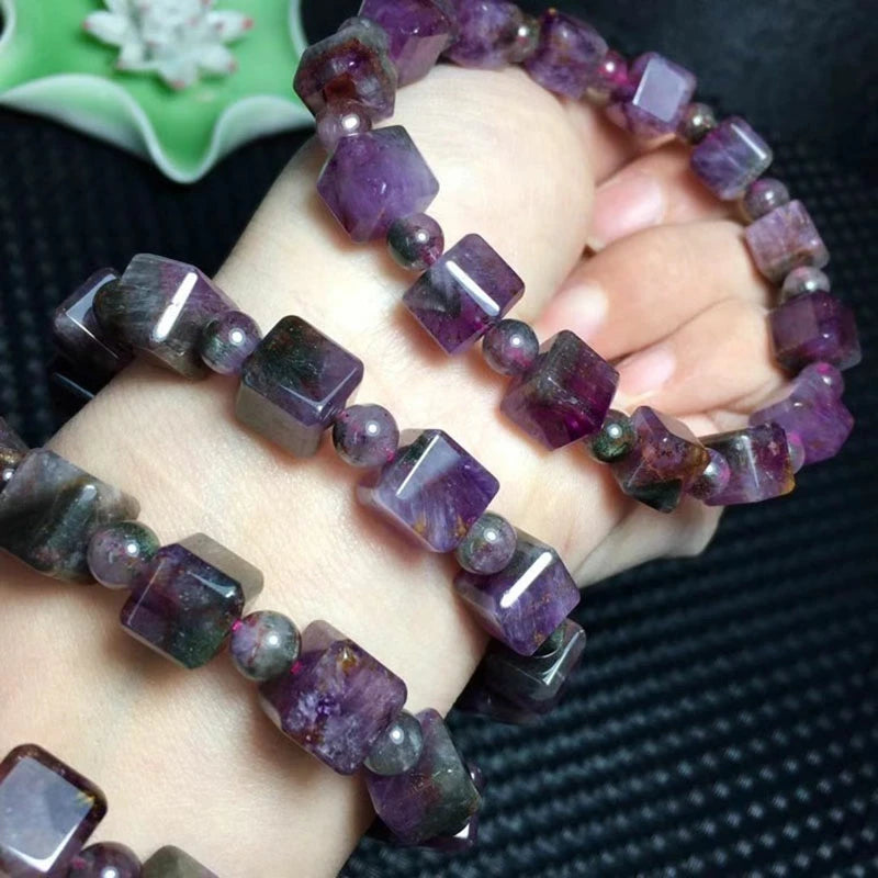 Natural Cacoxenite Auralite 23 Red Canada Bracelet 7x7mm Cube Beads