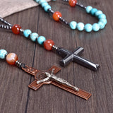 Carnelian Turquoise Rosary Necklace Hematite Cross Pendant