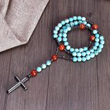 Carnelian Turquoise Rosary Necklace Hematite Cross Pendant
