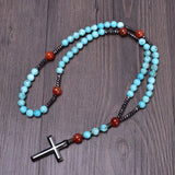 Carnelian Turquoise Rosary Necklace Hematite Cross Pendant