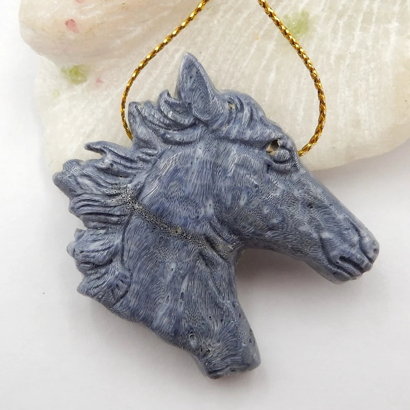 Natural Carved Horse Head Coral Pendant Bead 40x43x8mm